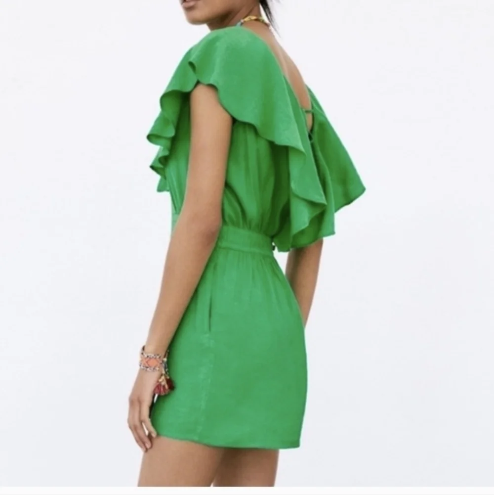 Zara, linen blend green shorts romper, size S